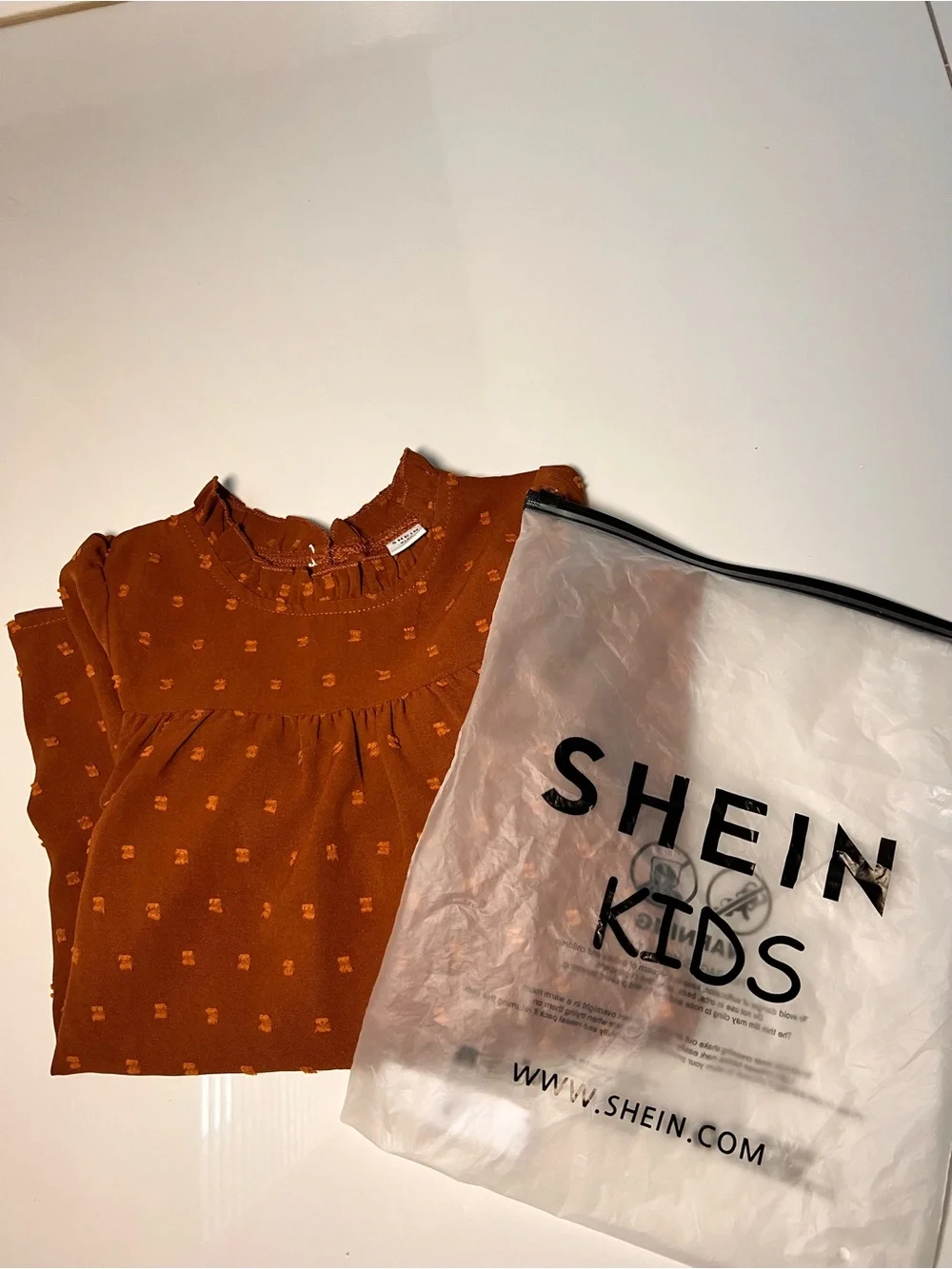 SHEIN Girls Long-Sleeve Ruffle Yoke Dress in Rust